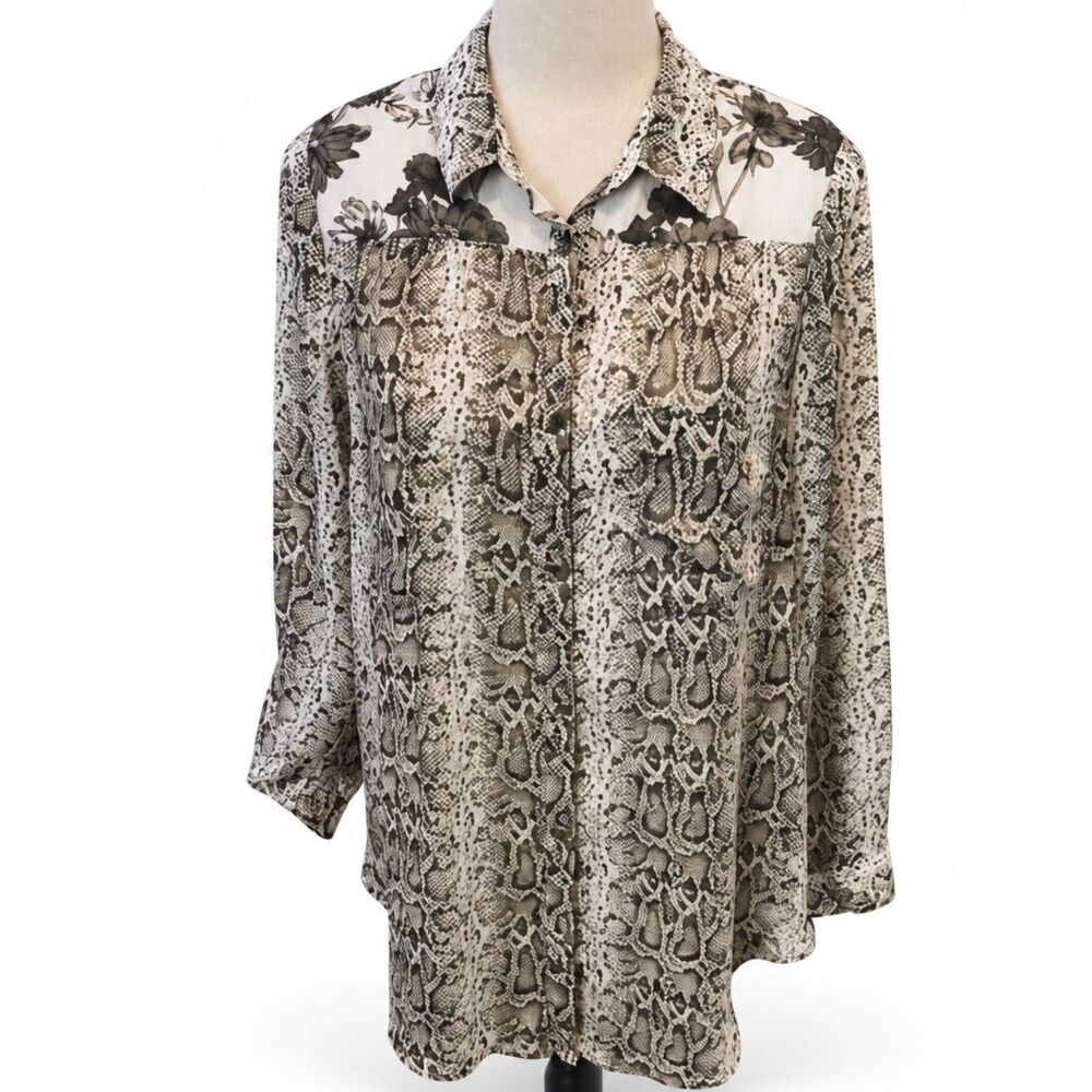 Olive Hill Women’s Button Down L Snake Print Floral Sheer Long Sleeve Blouse Top